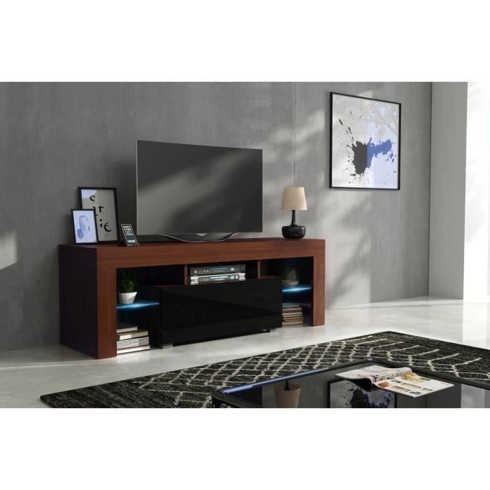 Meuble tv 130 cm corps noyer mat et porte laquée noir avec led
