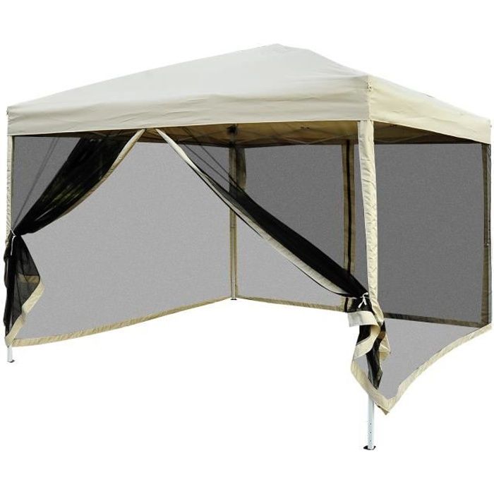 Tonnelle barnum pliant pop-up style colonial 2,97L x 2,97l x 2,55H m 4 moustiquaires + sac de transport beige noir