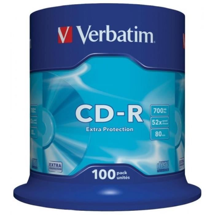 CD-R 80 Verbatim 52x DL Pack de 100 pièces Cakebox 43411