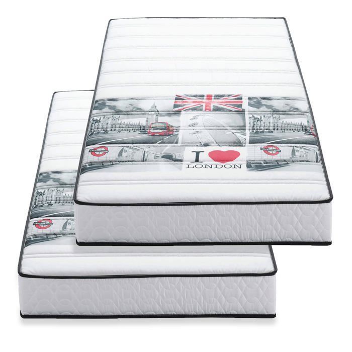 Lot de 2 matelas mousse 90x190 LONDON - Mousse profilée 5 zones de confort - Soutien ferme - 15cm - Fabriqué en Belgique