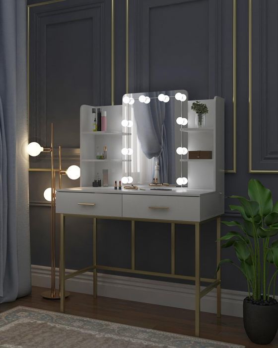 coiffeuse blanche bois métal - miroir - led - étagères de rangement - tiroirs - meuble de maquillage moderne blanc or