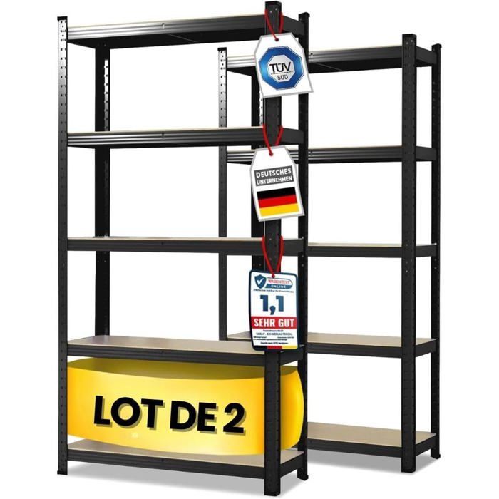 2 Set Rayonnage pour charges lourdes Lakota Capacité de charge jusquà  875 kg Utilisable individuellement Noir 150 x 75 x 30 cm