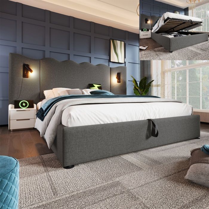 Lit coffre 160x200 cm - Rembourré - Gris - Lampe de lecture - USB Type-C - Lin