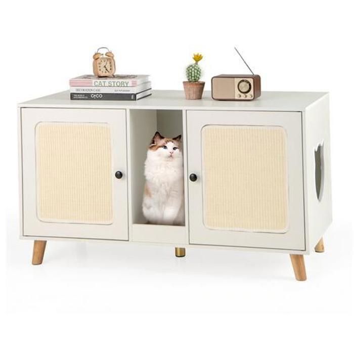 COSTWAY Meuble pour Chat 108 cm avec Bac à Litière Double Compartiments 2 Griffoirs en Sisal Planche à Gratter Blanc COSTWAY Meuble pour Chat 108 cm avec Bac à Litière Double Compartiments 2 Griffoirs en Sisal Planche à Gratter Blanc