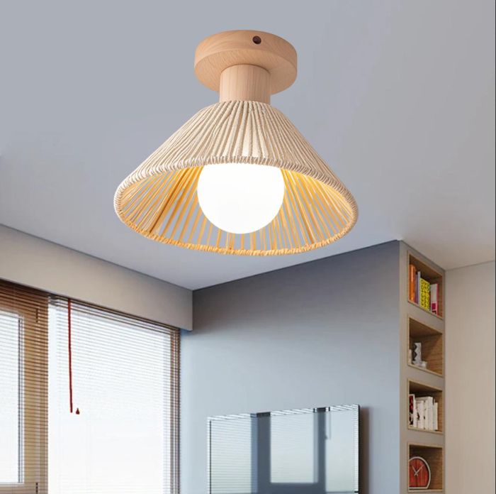 iDEGU Rétro Plafonnier Industriel 22cm Lustre Vintage en Rotin Blanc et Bois Cage Lampe de Plafond Style Nordique pour Couloir