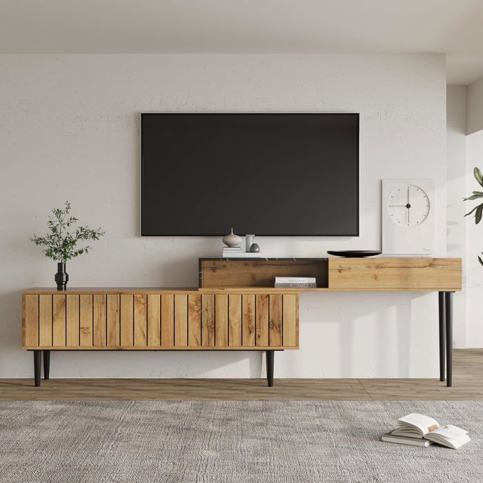 Meuble TV 180 cm Meuble TV en Bois Modèle de Marbre en PVC Conception en Gradins Meuble Tele Banc TV Stand Bois Foncé