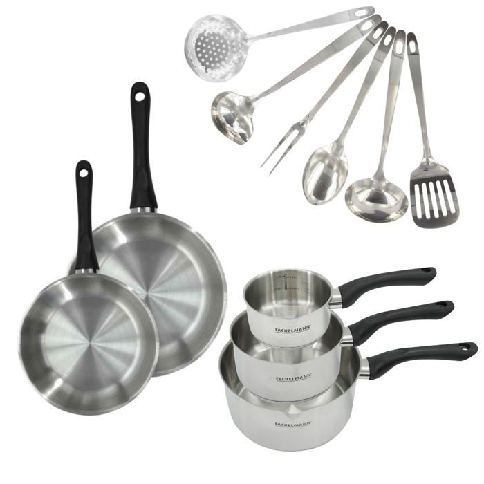 Batterie de cuisine - Tous feux dont induction - FACKELMANN - Geneva - Inox - 2 poêles 20 et 24 3 casseroles et 6 ustensiles