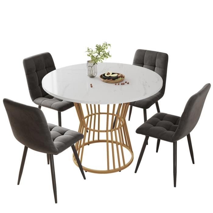 Ensemble de salle à manger avec 4 chaises - table ronde de 100 cm de diamètre avec pieds métalliques dorés plateau en MDF blanc