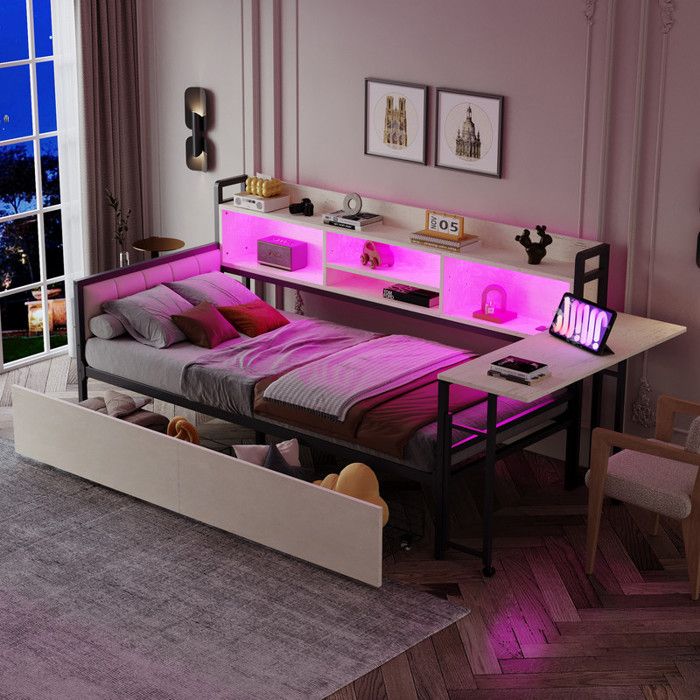 Canapé-lit 90x200 cm - Avec éclairage LED - Avec 2 tiroirs - Prise de courant - Bureau rabattable - Blanc (matelas non inclus)