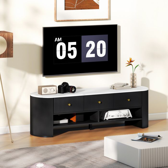 Meuble TV 140 cm meuble télé pour téléviseur 65 pouces effet marbre avec 3 tiroirs façades à cannelures 2 étagères noir