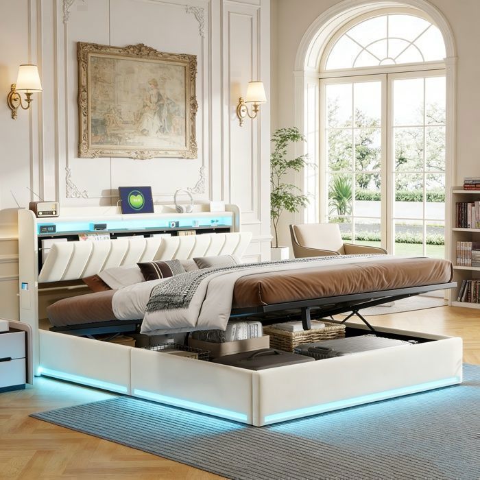 Lit Coffre 160 x 200 cm avec tête de lit conteneur et LED et USB Lit rembourré Lit double avec Sommier en Bois et Velours Beige