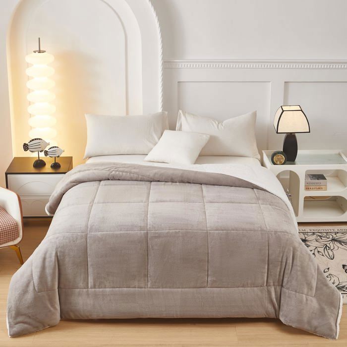 Couverture Double Face Sherpa + Flanelle - 650 GSM - Taille 220x240cm - Réversible Et Super Chaude - Gris - Lavable Machine - 7