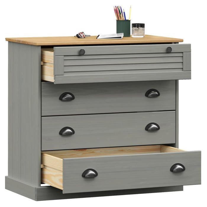 Commode en bois massif - vidaXL - VIGO - Gris - 80x40x76 cm - Bois de pin massif - 4 tiroirs - Poignées en métal