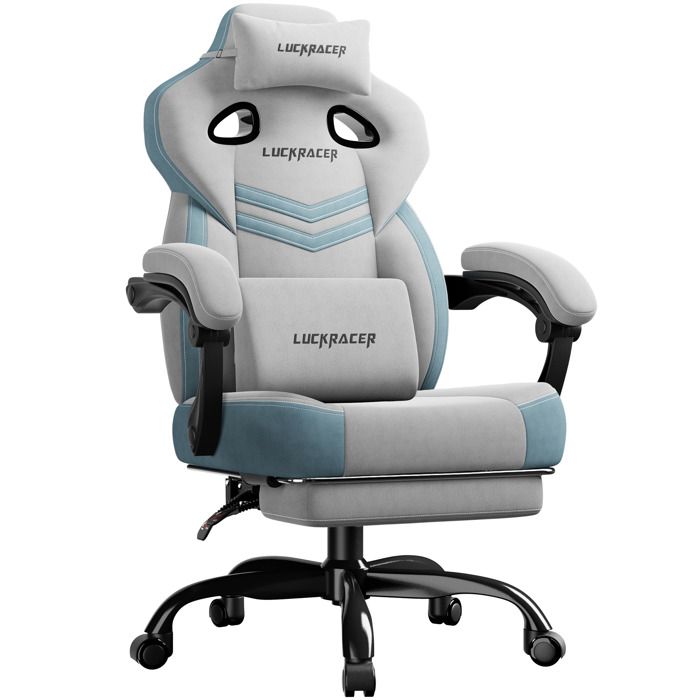LUCKRACER Chaise de gaming chaise de bureau avec accoudoirs intégrés coussin en mousse à mémoire de forme repose piedsGris