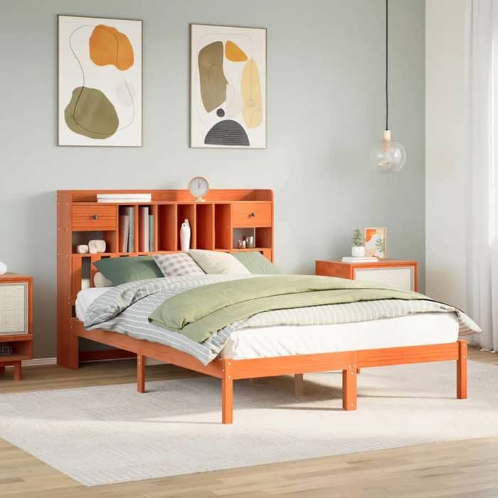 Lit bibliothèque en pin massif - UU - 160x200 cm - Cire marron - Avec sommier à lattes - Tête de lit avec rangement