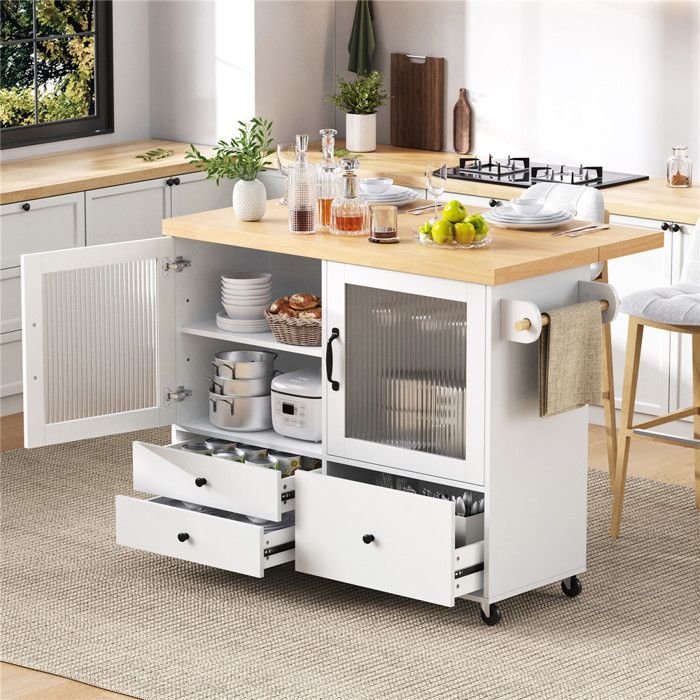 Ilot Central Cuisine avec Rangement Plan de Travail Extensible Blanc Bois Ilot Cuisine avec Roulette Porte-verres Porte en