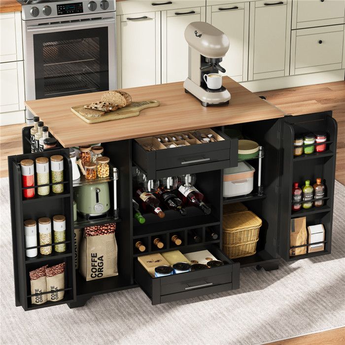 Ilot Central Cuisine avec Rangement Meuble Cuisine avec Porte-bouteilles et Étagères Tiroirs 120x45(70)x92 cm Roulette Bois