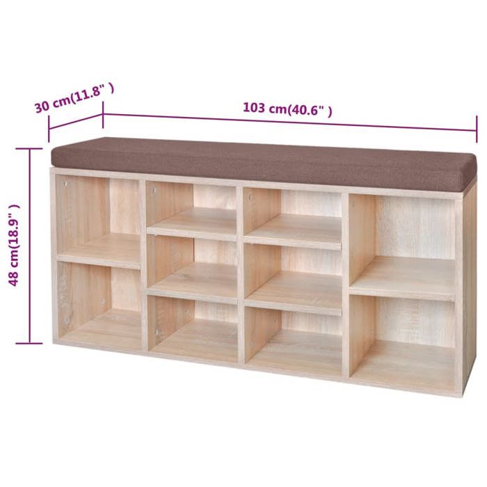 Black Friday Banc long de rangement - JILL - Meuble dentrée - à chaussures - 10 compartiments Couleur chêne 103x30x48 cm - BB572
