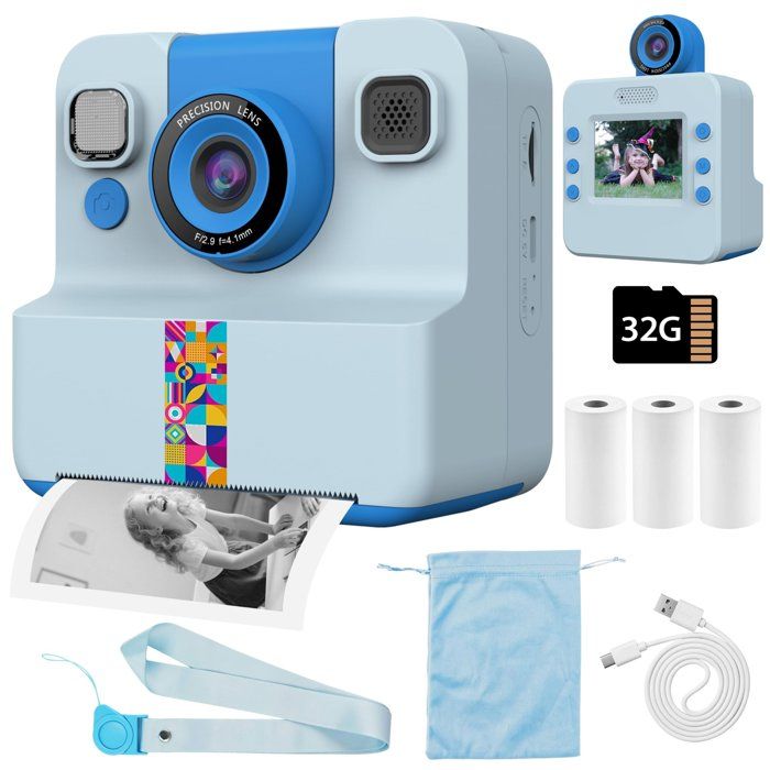 Appareil Photo Instantane Enfant 1080P Modes selfie Carte 32 Go Écran 2 4 Jeux & Musique Jouet Fille Garçon 3-8 Ans Bleu