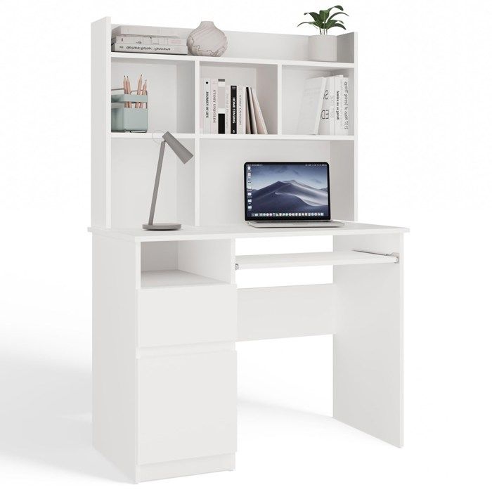 PORTO GAUCHE - Bureau 98×51×145 cm 3 tiroirs et rayons avec étagère supérieure pour bureau / chambre - Blanc