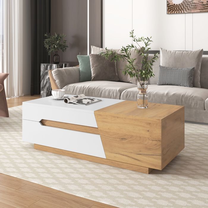 Table Basse Coulissante Moderne avec Tiroirs et Rangements Design Bois et Blanc 120 x 50 x 375 cm