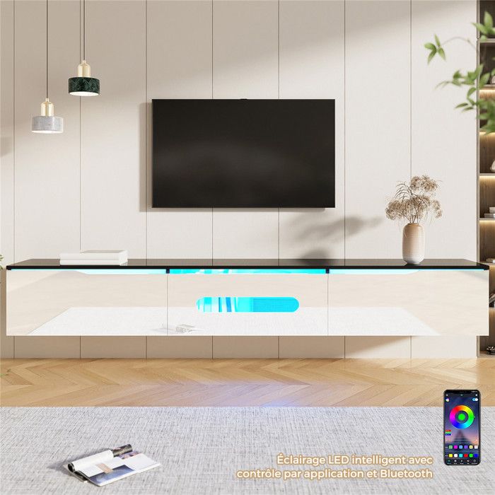 Meuble TV 180 cm Suspendu ou à Poser avec LED Contrôle par App Meuble Télé Noir et Blanc Brillant Moderne avec Rangement 3 Portes