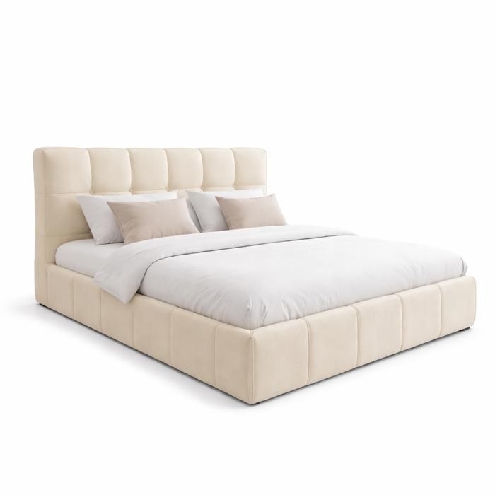 Lit coffre - SAMPUR - Aneto - 140x190 cm - Tissu chenille beige - Tête de lit incluse Lit coffre - SAMPUR - Aneto - 140x190 cm - Tissu chenille beige - Tête de lit incluse