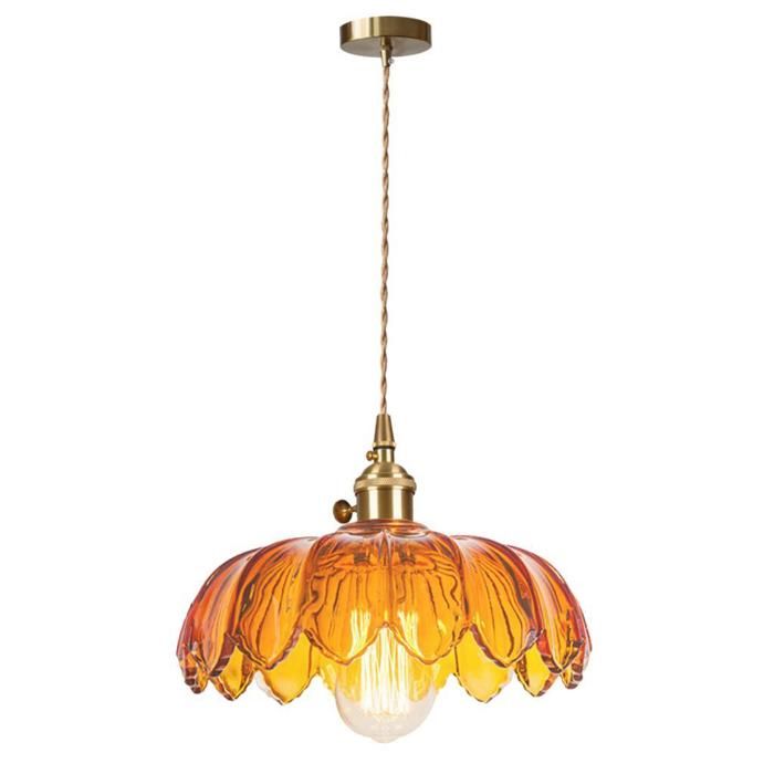 iDEGU Suspesion Luminaire Vintage en Verre Ambre 25cm Moderne Lampe de Plafond Reglable Abat-jour en Fleur avec Interrupteur