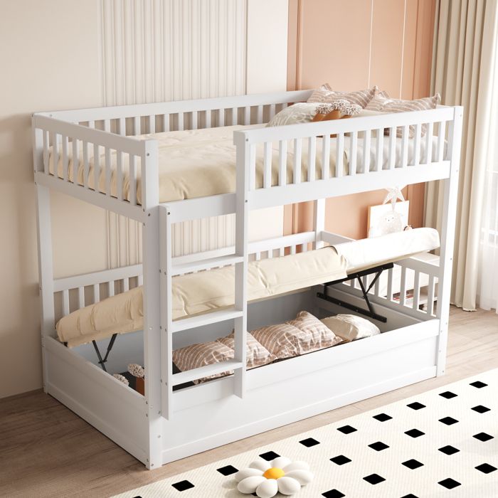 Lit superposé 90x200 cmLit simple enfant avec coffre intégré et côtés sécurisésdesign sobreSans matelasBlanc