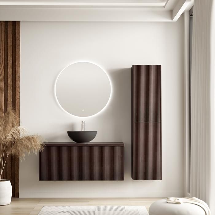 LOMAZOO Ensemble Meuble de Salle de Bain 100cm Noyer Cannelé - Vasque à Poser Noire - Colonne de Rangement [TROPANI]