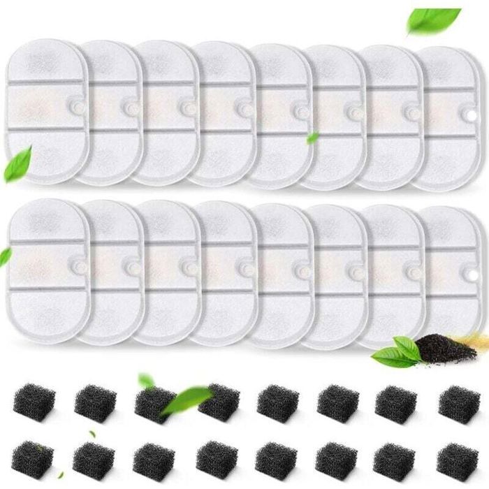Lot de 16 filtres pour fontaine deau de chat avec 8 éponges filtre de rechange pour fontaine deau 71oz/2.1L PLWF002 Capsule