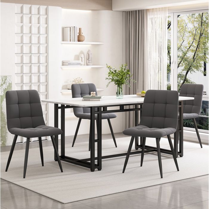 Table à manger 4 personnes 140x80 cm plateau MDF noir et blanc pieds métal noirs
