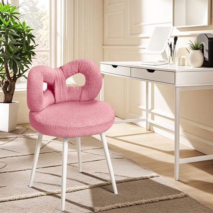 Chaise Coiffeuse en Simili-laine - Conception Ergonomique - Dossier Orné dun Nœud Papillon - Pieds de Chaise Antidérapants - Rose