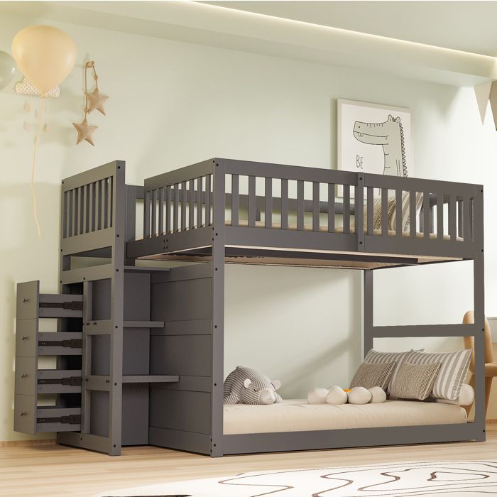 Lit Superposé Bas 140 × 200 cm avec Escalier Sécurisé et 4 Tiroirs - TCQPZ - en Bois Gris 140 × 200 cm