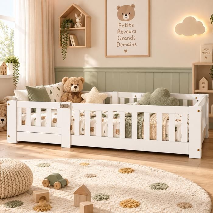 Lit Montessori Simple 80x160 cmLit Enfantlit au sol blanc cadre en pin massif avec barrières de sécurité et sommier à lattes