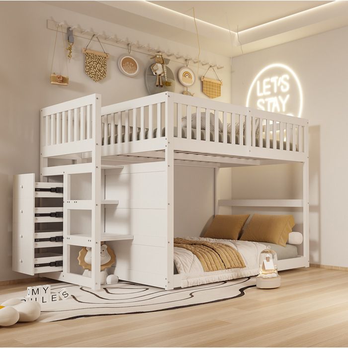 Lit superposé enfant 140x200 cm - Étagères de Rangement - sommier à lattes - en bois - blanc (sans matelas)