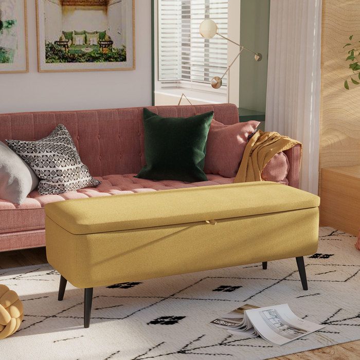 Banc coffre rembourré aspect lin 101 x 38 5 x 44 5 cm jaune charge max. 150 kg