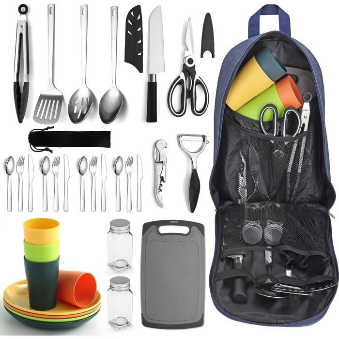 Nécessaire de Camping 4 Personnes en Acier Inoxidable - Ustensiles Couverts Vaisselle et Tasses pour Pique-Nique
