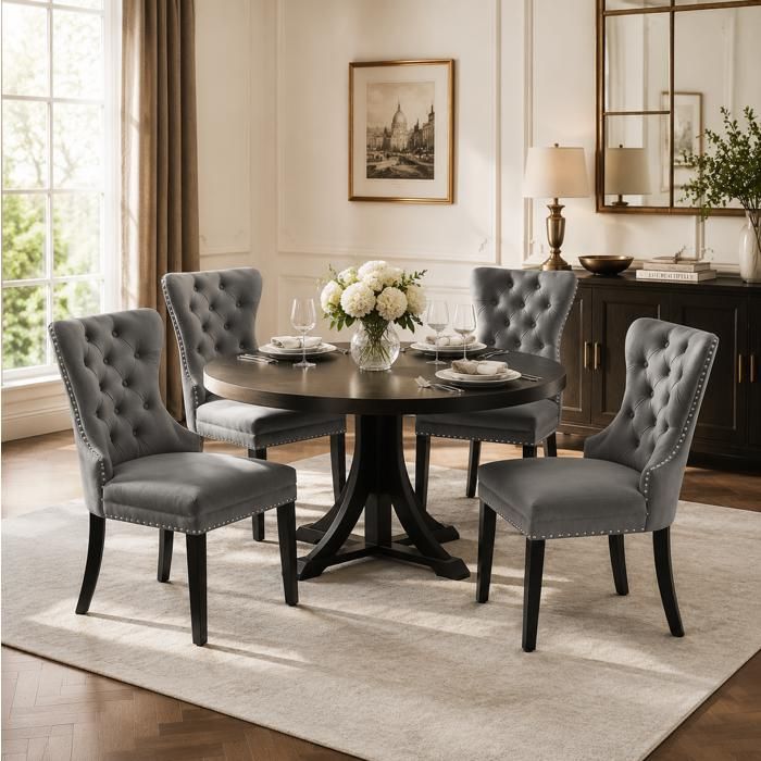 WUVRIE Lot de 4 chaises de salle à manger en velours gris dossier capitonné pieds en bois massif