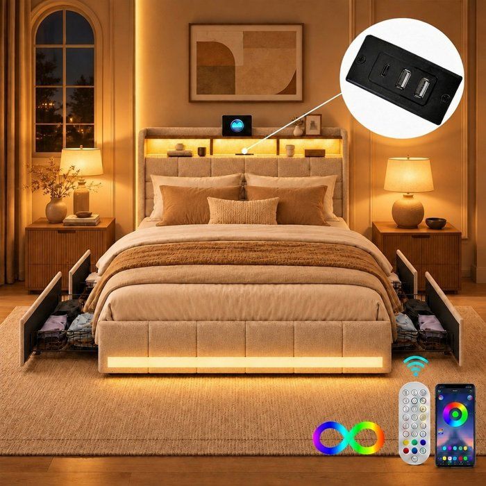 Lit double 160x200 cm Lit adulte avec LED et USB 4 tiroirs sommier à Lattes Rangements de tête de lit en lin beige