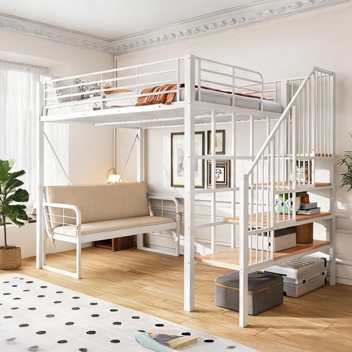Lit superposé adulte 140x200 cm métal soft white avec canapé intégré escalier rangement et espace détente