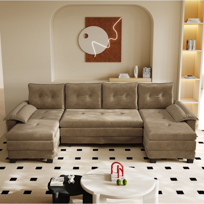 Canapé-lit modulable en U 278 cm en chenille kaki avec port USB accoudoirs amovibles et 4 coussins
