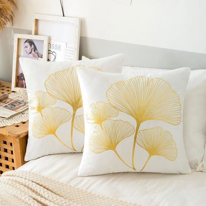 Lot de 2 Housse de Coussin 45x45cm Canapé Taie oreiller Velours Or Ginkgo Biloba Housse de 45 x 45 cm (Lot de 2) HOUSSE DE COUSSIN