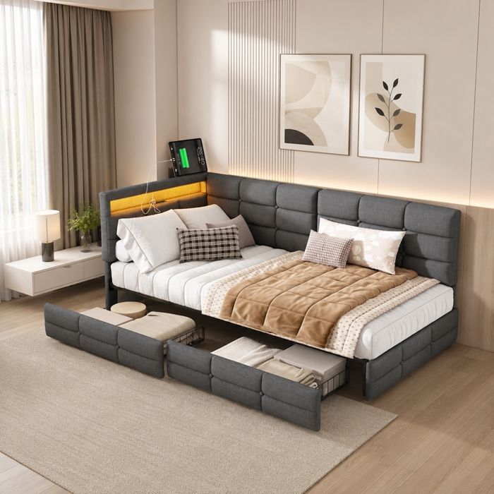 Canapé-lit capitonné 90x200 avec LED et USB lit simple rembourré avec 2 tiroirs lit 1 place avec sommier à lattes Lin gris