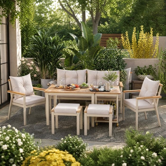 Ensemble table et chaises de jardin 6 places en bois dacacia fer galvanisé desserte amovible à roulettes JOINERY