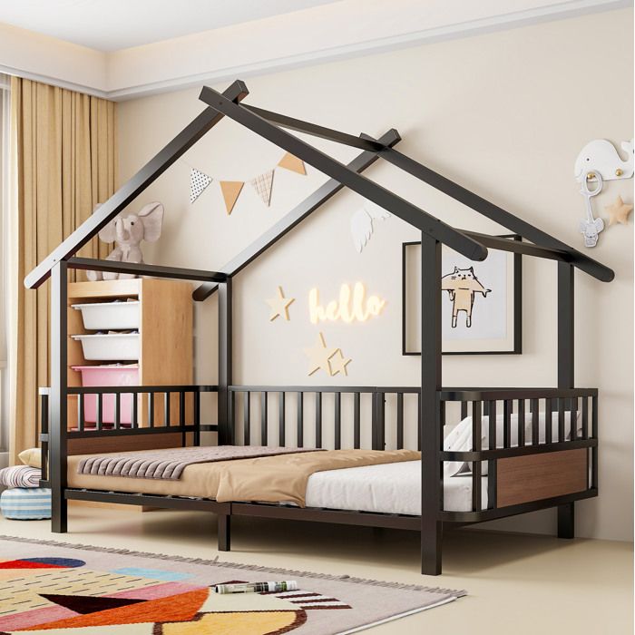 Lit enfant noir 90 x 200 cm 215 x 96 x 168 5 cm avec barrière de sécurité toit cabane et sommier à lattes