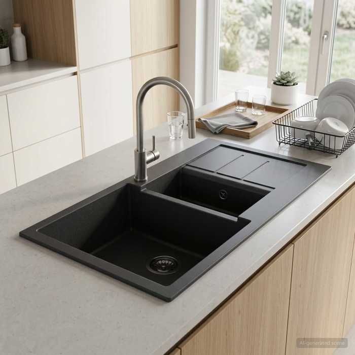 ELORAN®Évier de cuisine à double bac Granite - 80x50x30 5 cm - Bac à laver-Vasque Moderne_00424847
