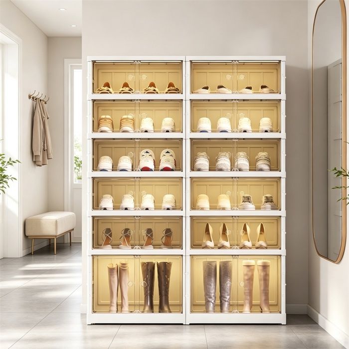 Meuble à chaussures Pliable - 6 Niveaux - Transparentes - Compartiment pour Bottes - Roulettes Dissimulées - Blanc