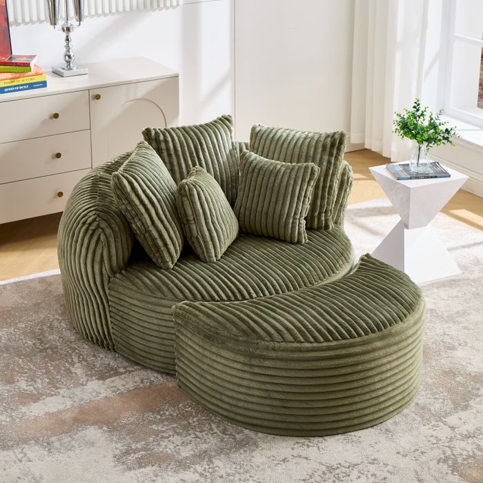 Fauteuil de relaxation - ZEVKOR - Fauteuil rond - Chenille côtelée - Vert émeraude - Avec pouf et 5 coussins