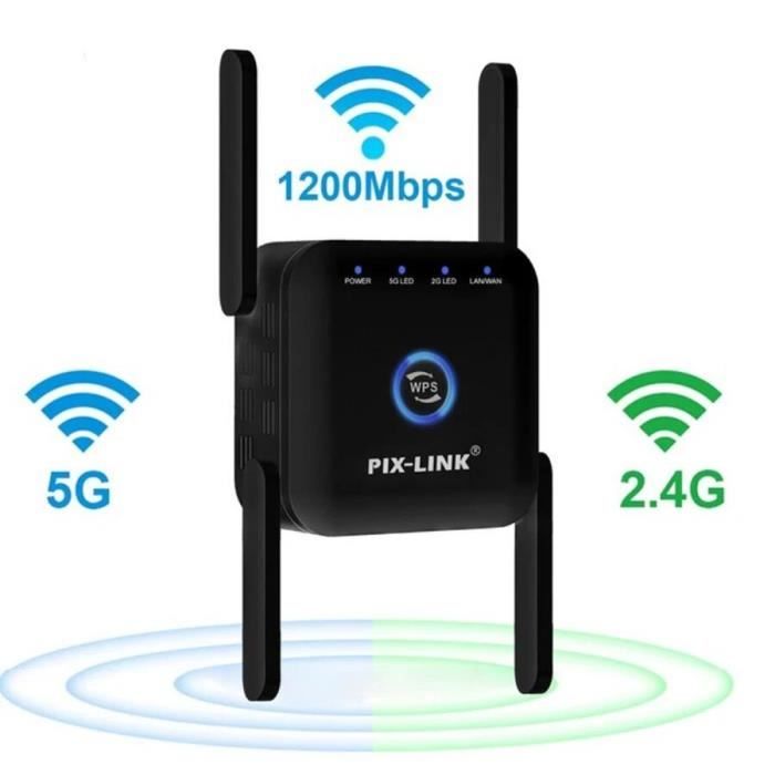 Répéteur WiFi,1200Mbps Dual Band 2.4G / 5G WiFi Amplifier,WiFi Signal  Booster,2 Ports LAN ，4 Antennes，WiFi Extenders ，for Home and